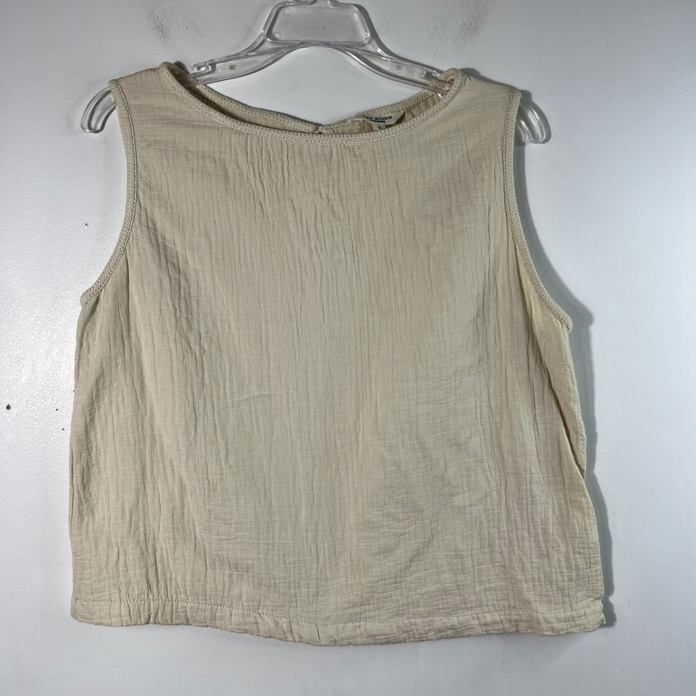 Womens Max Studio Waffle‎ Weave Cotton Linen Tank Top Beige S Embroidered Detail